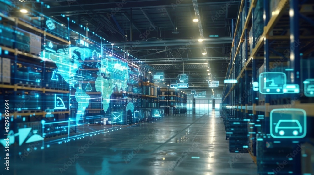 A logistical data hub displaying a 3D supply chain map with rotating ...