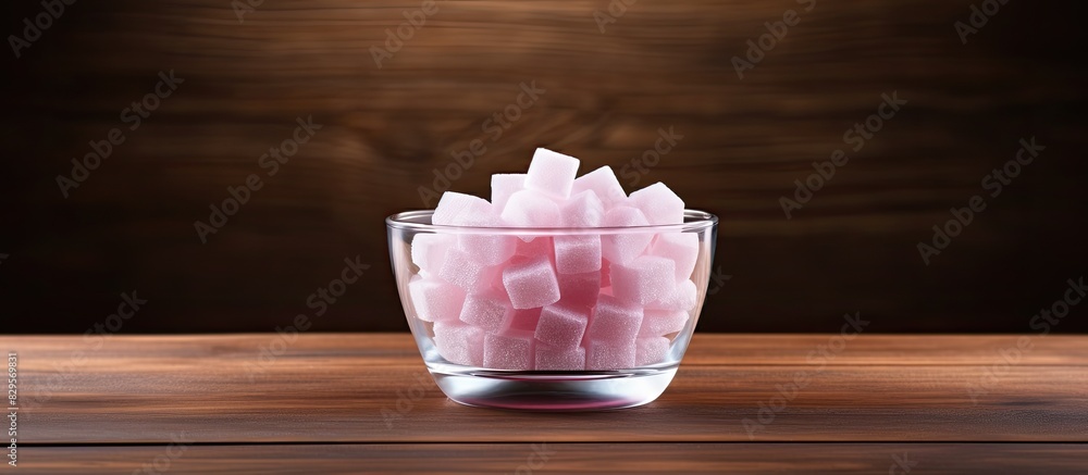 Plum and sugar cubes in a glass bowl on a wooden surface with a blank copy space image Plum and sugar cubes in a glass bowl on a wooden surface with a blank copy space image