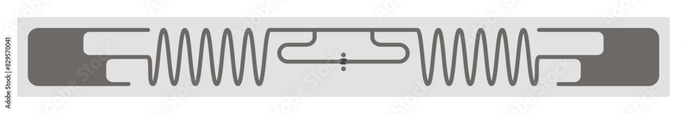 RFID sticker with semiconductor microchip and long sine wave antenna with antennae. Flexible radio frequency ID tag on adhesive film. Vector illustration RFID sticker with semiconductor microchip and long sine wave antenna with antennae. Flexible radio frequency ID tag on adhesive film. Vector illustration