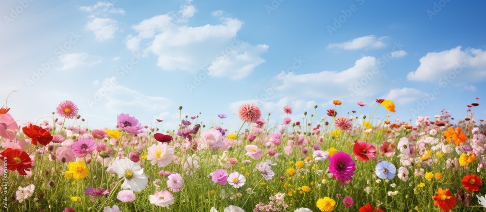 Summer landscape featuring vibrant meadow flowers with a tranquil background of nature and a large expanse of sky with copy space image