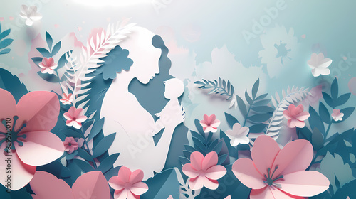 Delicate papercut of a mother holding her child with a backdrop of spring flowers  Mother s day background  with copy space