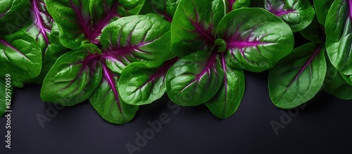 A vibrant leafy vegetable known as Ceylon spinach or Basella rubra Linn typically features dark green leaves and a purple hue with a white copy space image photo
