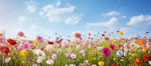 Summer landscape featuring vibrant meadow flowers with a tranquil background of nature and a large expanse of sky with copy space image