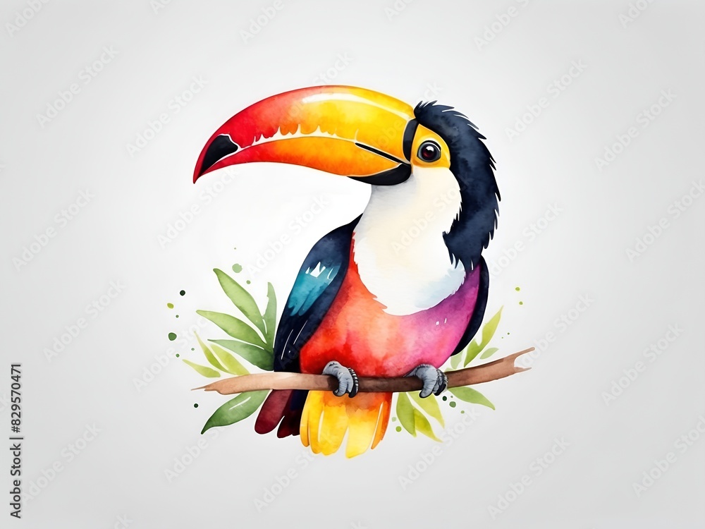 Fototapeta premium Colorful watercolor cute Toucan with tropical leaves illustration on a white background