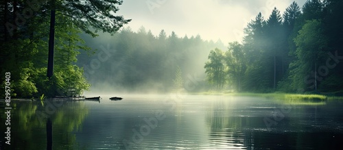 Soft focus image of a forest on a misty lake during an early summer morning with drizzling rain ideal for a copy space image