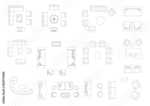 bed furniture icon interior plan view top set vector. architecture house line home outline apartment collection isolated layout design project blueprint.