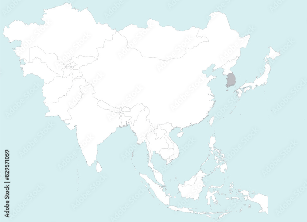 Highlighted grey map of SOUTH KOREA inside white detailed blank political map of Asia on blue background, without the Middle East and Russia Highlighted grey map of SOUTH KOREA inside white detailed blank political map of Asia on blue background, without the Middle East and Russia