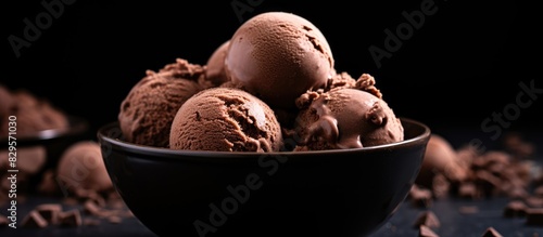Chocolate coffee ice cream balls in a bowl with a dark background perfect for a copy space image