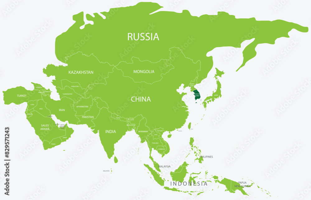 Fototapeta premium Highlighted green map of SOUTH KOREA inside light green political map of Asia using orthographic projection on light blue background
