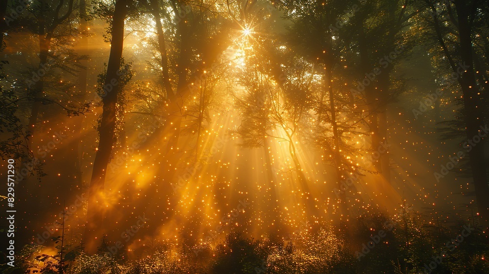 Obraz premium A golden light shining through a dark forest.