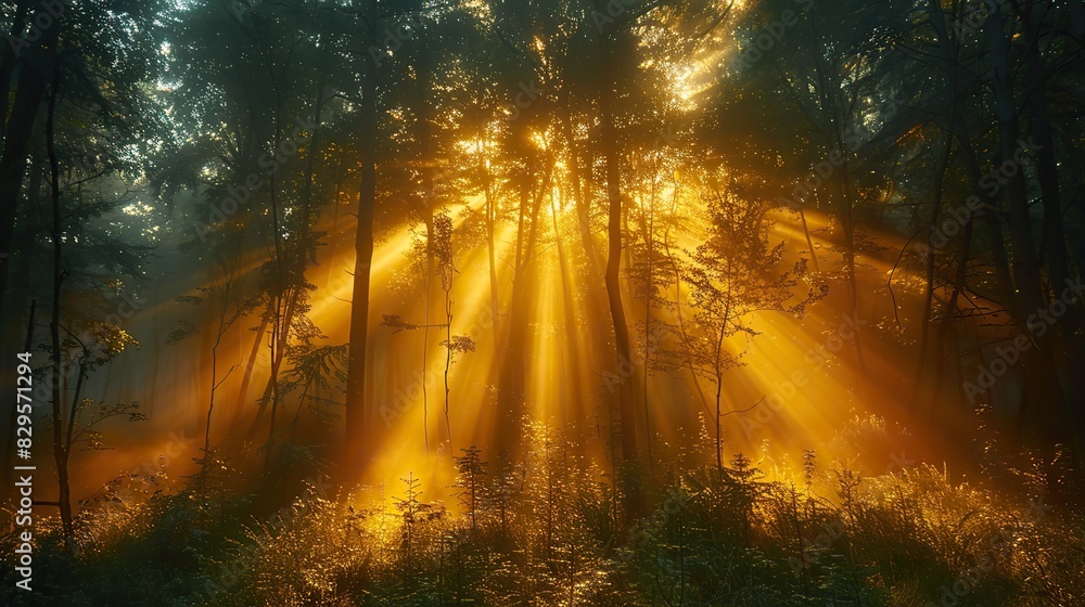 A golden light shining through a dark forest.