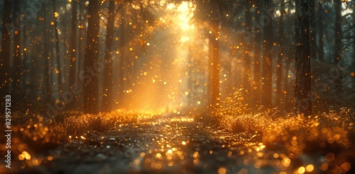 A golden light shining through a dark forest.