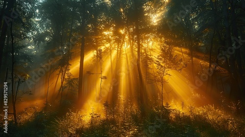 A golden light shining through a dark forest. © Sang