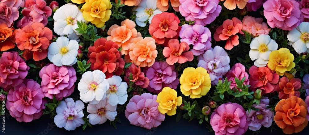 A vibrant Portulaca grandiflora known as Moss Rose or Sun plant boasts colorful blossoms with varied multicolored petals stacked in layers ideal for a flower background with copy space image A vibrant Portulaca grandiflora known as Moss Rose or Sun plant boasts colorful blossoms with varied multicolored petals stacked in layers ideal for a flower background with copy space image