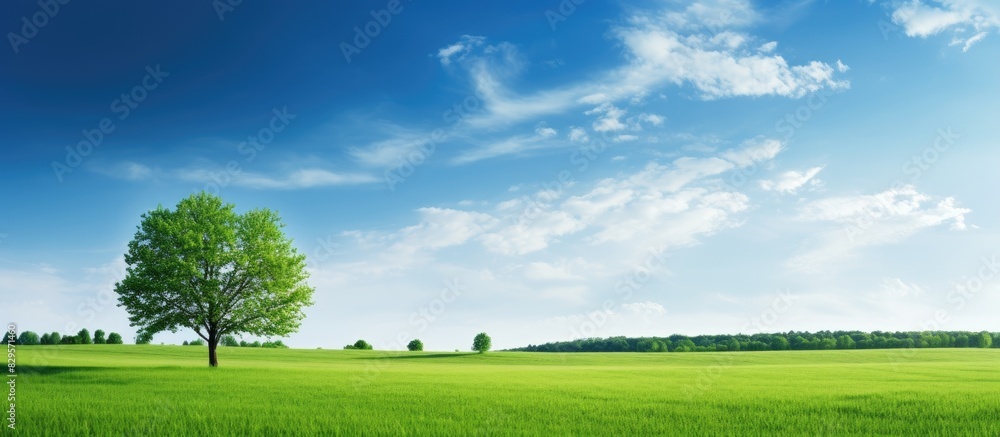 Obraz premium A summer scene with a bright sunny sky showcasing lush green grass and trees adding color contrast against the blue sky s backdrop ideal as a copy space image
