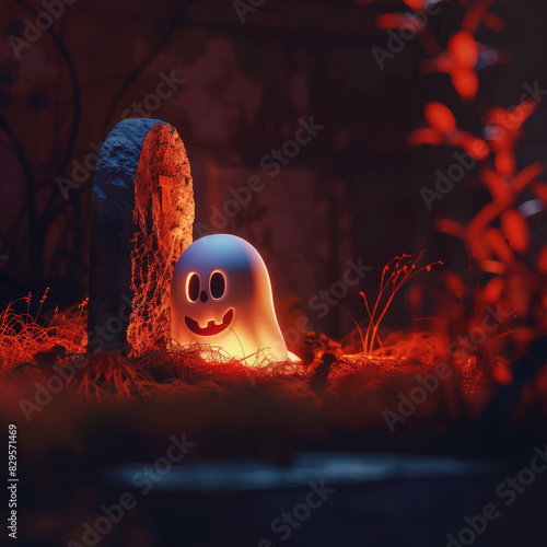 Ghostly Greeting, Tiny Spirit's Warm Smile Amidst the Spooky Shadows