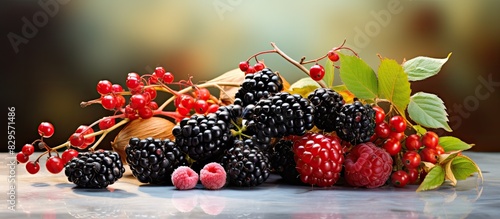 A nutritious autumn bouquet with blackberries perfect for adding vibrancy to healthy eating habits. Copy space image. Place for adding text and design