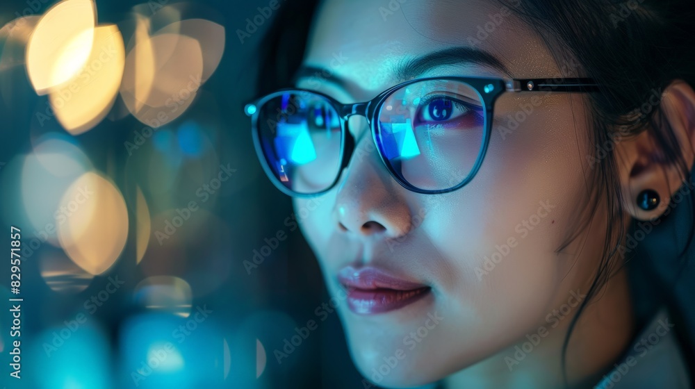 A woman wearing glasses is looking at something A woman wearing glasses is looking at something