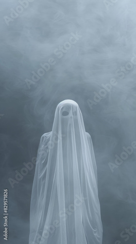 Halloween Scene, Ghostly Figure on Solid Gray Background © Maria A