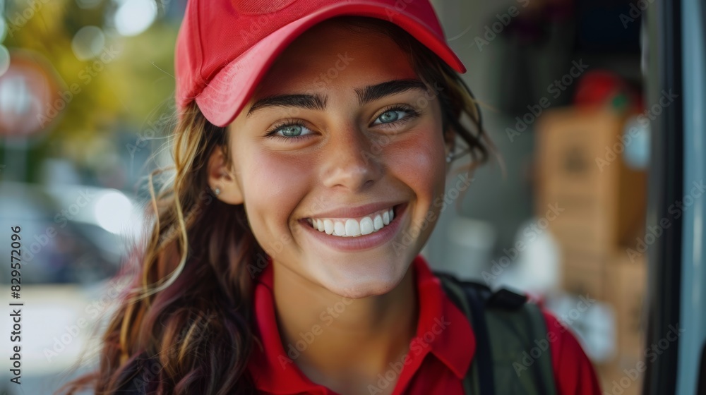 A woman with a red hat and red shirt is smiling