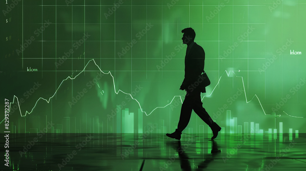 The green stock chart represents investment and the man walking represents business. Ai generate. The green stock chart represents investment and the man walking represents business. Ai generate.