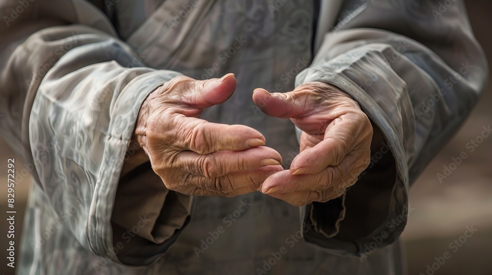 A tai chi masters weathered hands demonstrating a form with practiced ease A tai chi masters weathered hands demonstrating a form with practiced ease