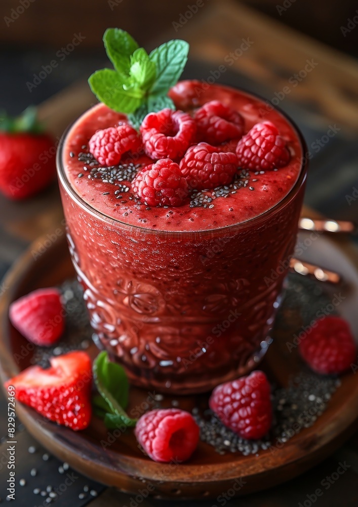 Chia Seed Smoothie - Any color base with visible chia seeds and fruit garnish Chia Seed Smoothie - Any color base with visible chia seeds and fruit garnish