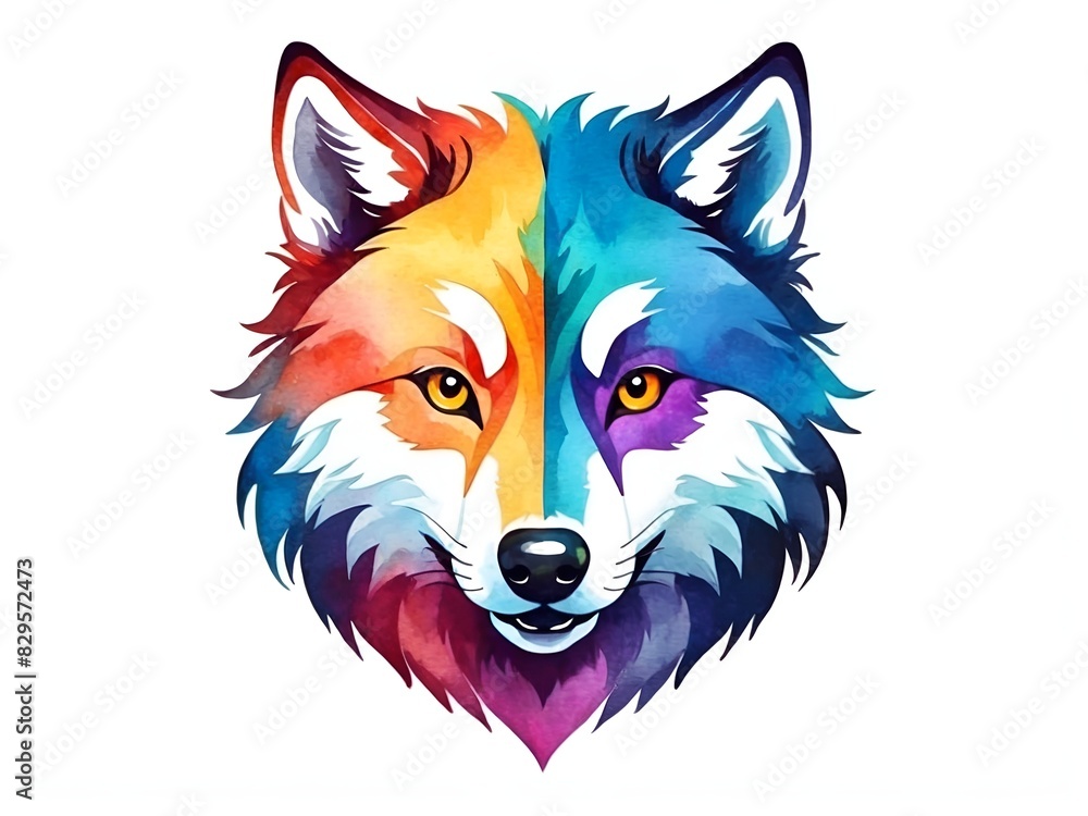 Naklejka premium Colorful watercolor cute Wolf head illustration on a white background 