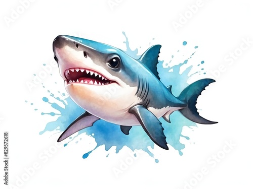 Colorful watercolor cute Shark portrait illustration on a white background