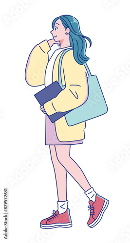 笑顔で歩くアニメ調の若い女性