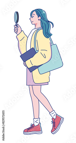 笑顔で歩くアニメ調の若い女性