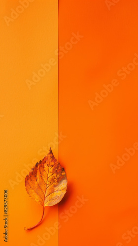 vibrant solid orange background with a single autumn leaf, cozy and festive, fall and Halloween, warm and inviting hues create a cozy atmosphere