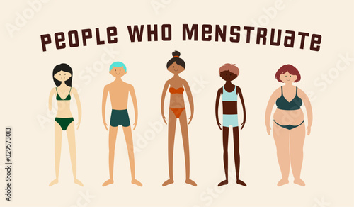 Minimalist Illustration Set with No Outlines -- Racially Diverse People who Menstruate Including an Amputee and Trans Individuals