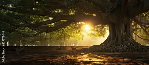 Look under the tree with many branches And the banyan root hanging down with soft light. Copy space image. Place for adding text and design