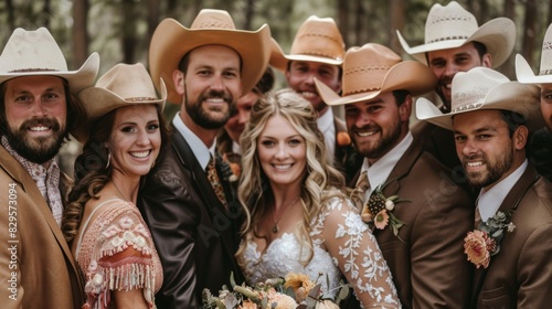 A group shot of the entire wedding party with the bridesmaids and groomsmen donning cowboy hats and boots and the couple in their own unique Westerninspired outfits. photo