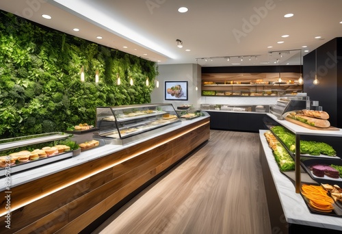 stylish gourmet sandwich shop interior design modern decor fresh ingredients display, bright, clean, contemporary, cozy, inviting, minimalistic, organized photo