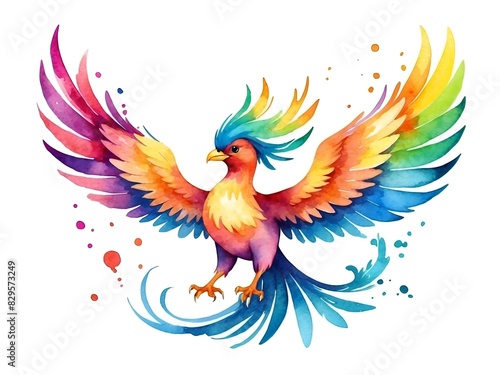 Colorful watercolor cute Phoenix illustration on a white background