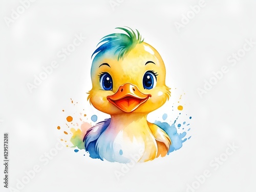 Colorful watercolor cute baby Duck illustration on a white background