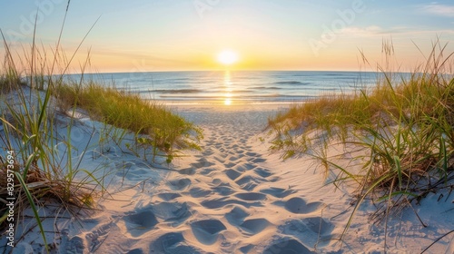 Scenic beach landscape, Sandy path leading to ocean at sunrise sunset. Golden sunrise or fiery sunset illuminating the sandy beach path.