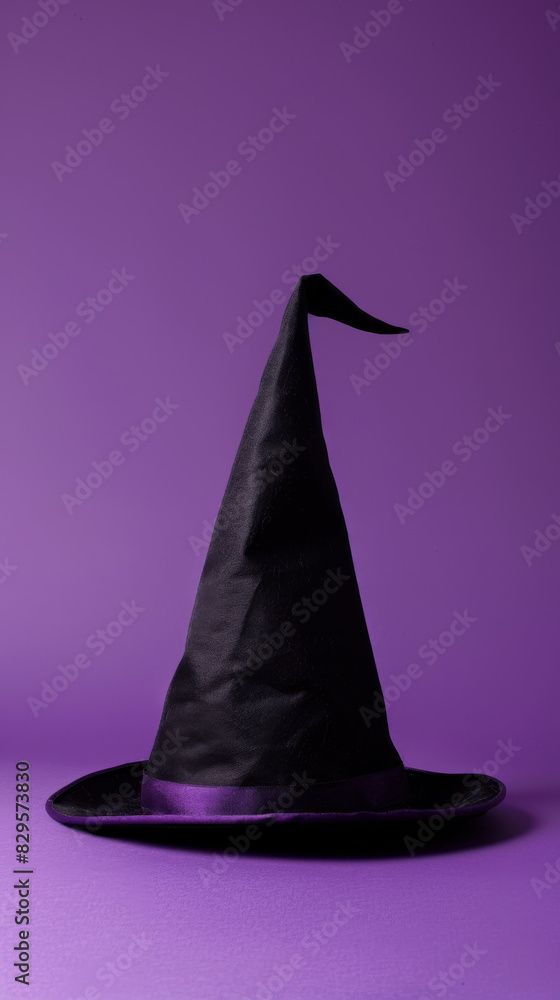 Fototapeta premium Solid Purple Background with a Single Witch Hat, Vibrant Hues and Cozy Halloween Atmosphere