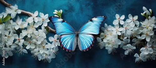 Top view of a vibrant blue morpho butterfly resting on jasmine flowers with a textured background making a beautiful composition for a copy space image photo