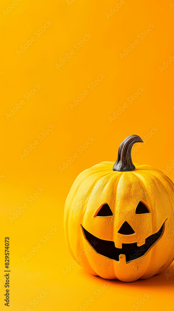 Halloween Happy Jack-o'-Lantern on Solid Yellow Background with Copyspace Halloween Happy Jack-o'-Lantern on Solid Yellow Background with Copyspace