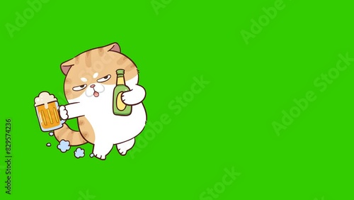  Animated Funny Cat Running Holding Beer - Green Screen