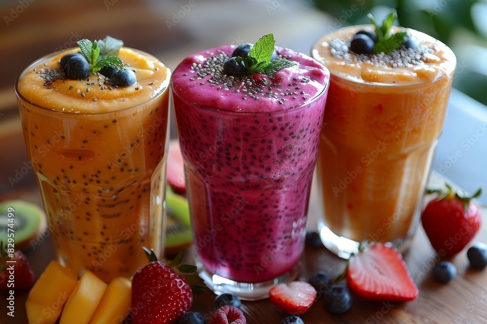 Chia Seed Smoothie - Any color base with visible chia seeds and fruit garnish Chia Seed Smoothie - Any color base with visible chia seeds and fruit garnish