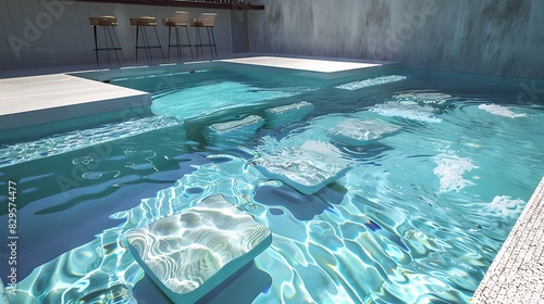 A pool with a built-in underwater bar, complete with floating stools