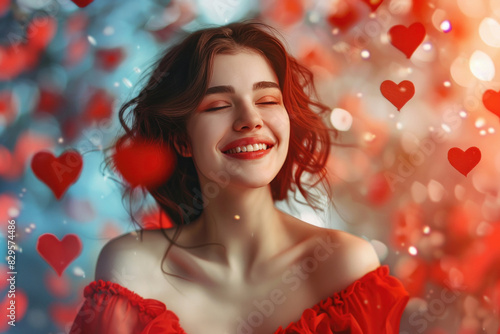 Young beautiful woman with heart shaped floating confetti © Neha