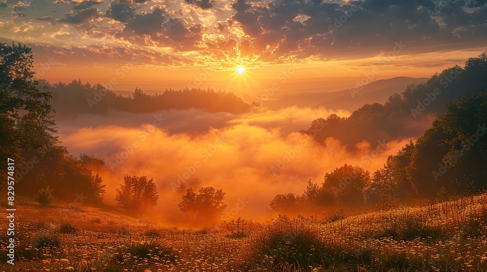 A golden sunrise over a tranquil landscape.