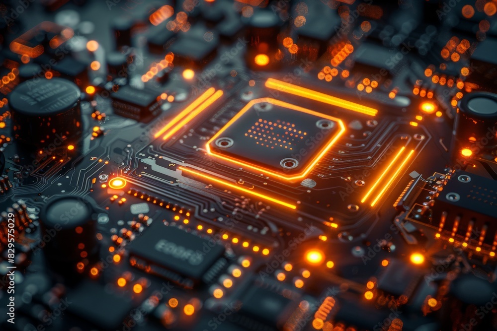 A highly detailed view of a glowing circuit board with futuristic technology elements and orange lighting A highly detailed view of a glowing circuit board with futuristic technology elements and orange lighting