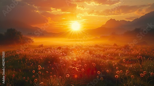 A golden sunrise over a tranquil landscape. © Sang