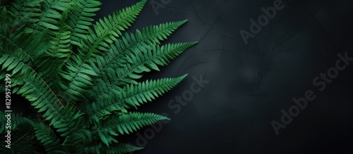 Top down view of a lush dark green fern against a soft backdrop with copy space image